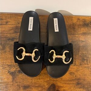 black Steve Madden Jericho Horsebit Platform Slide Sandals